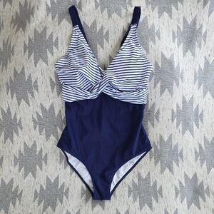 Navy & White Striped Medium One-Piece Swimsuit Classic Nautical Style